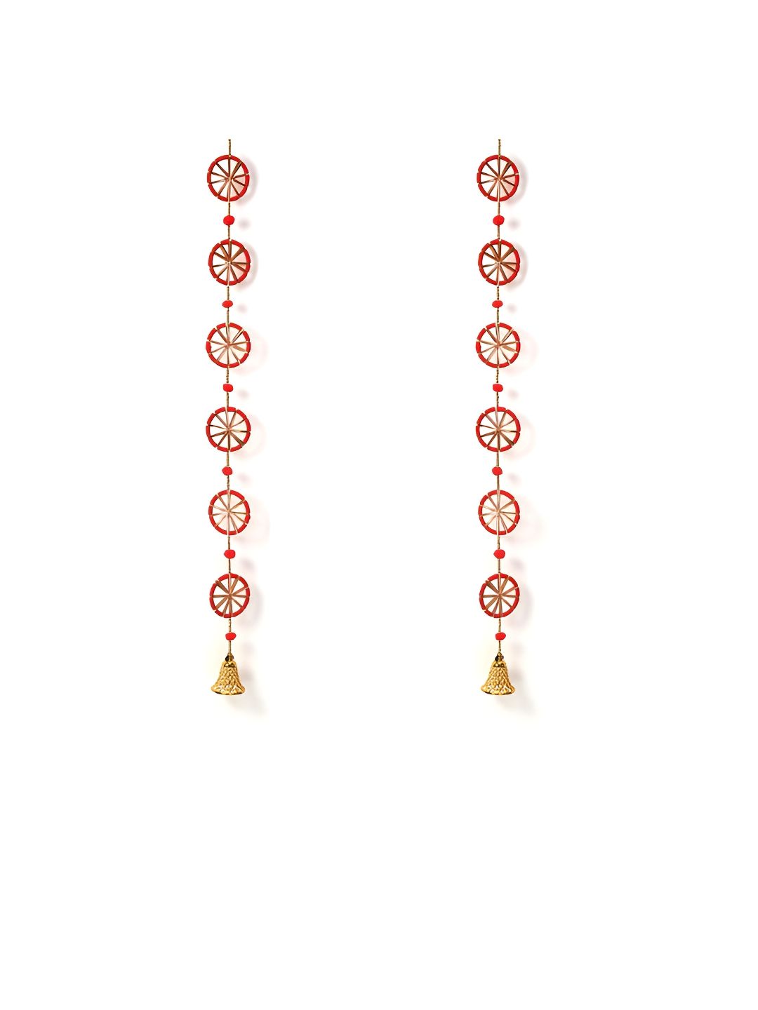 DULI 2 Pieces Red & Yellow Textured Chakri Toran & Beads Traditional Wooden Door Hangings