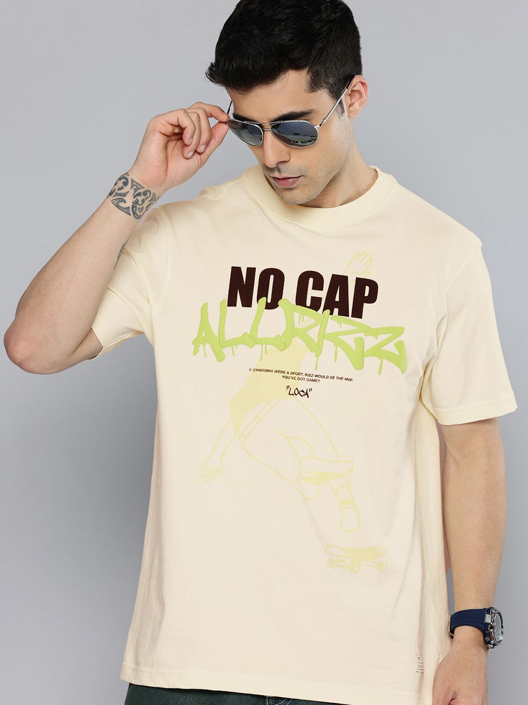 Flying Machine Typography Printed Drop-Shoulder Sleeves Pure Cotton T-shirt