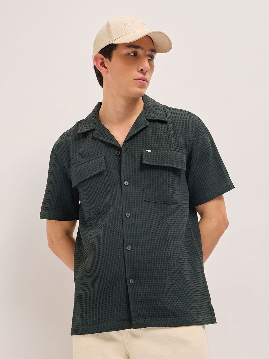 THE BEAR HOUSE Men Textured Cuban Collar Casual Shirt