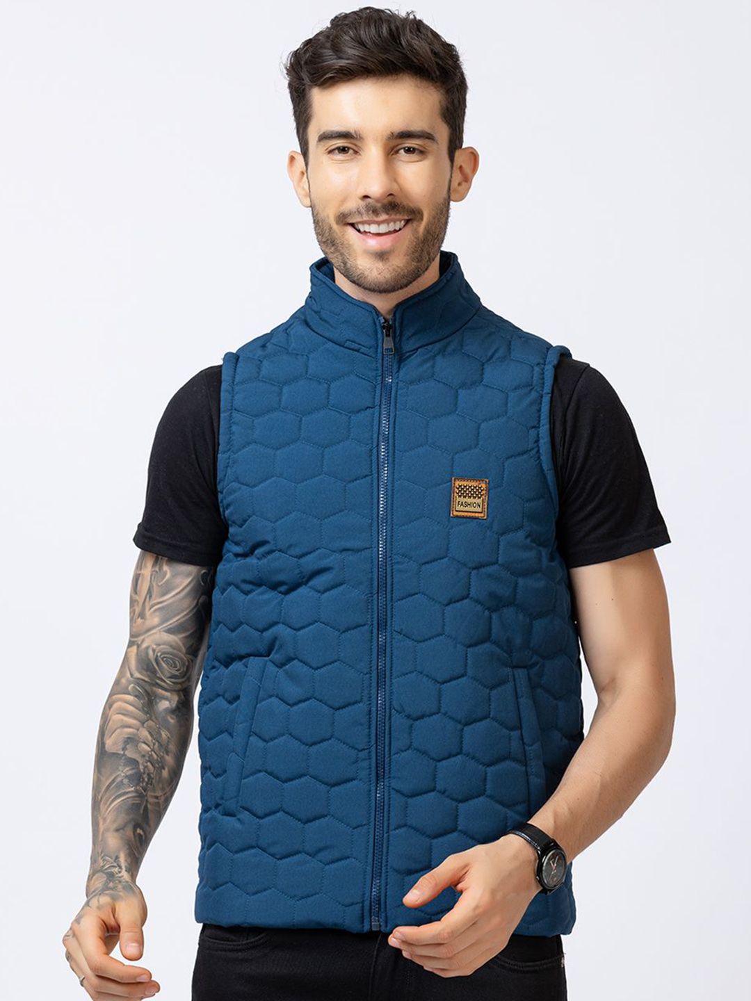 STYLOPLEX Men Stand Collar Geometric Gilet Jacket