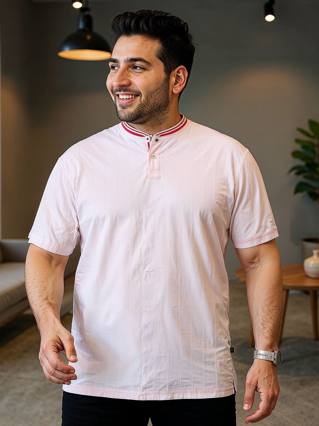 Club York Striped Mandarin Neck Short Sleeves Cotton T-shirt