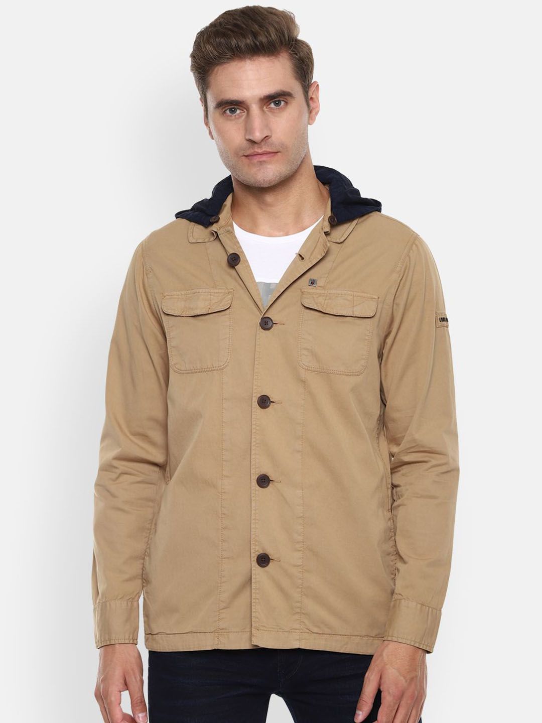 Louis Philippe Jeans Men Hooded Cotton Open Front Jacket