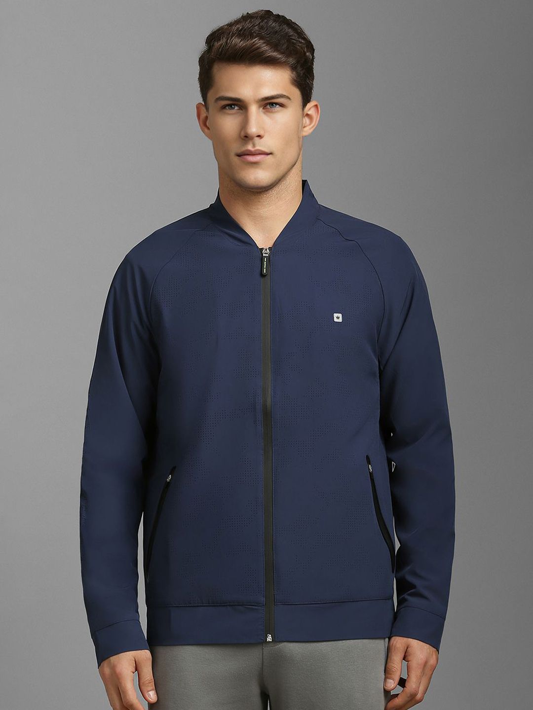 Louis Philippe Self Design Front Open Mock Collar Jacket