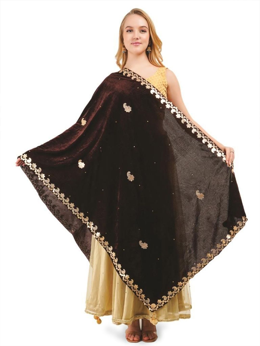 Way2Like Paisley Embroidered Gotta Patti Velvet Dupatta