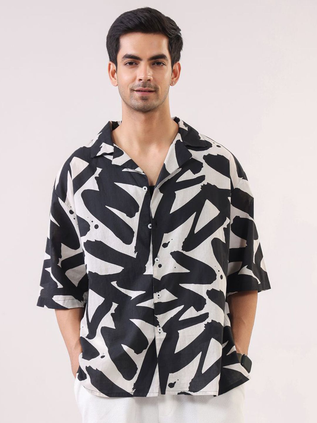TRULOOM Oversized Printed Cotton Cuban Collar Casual Shirt