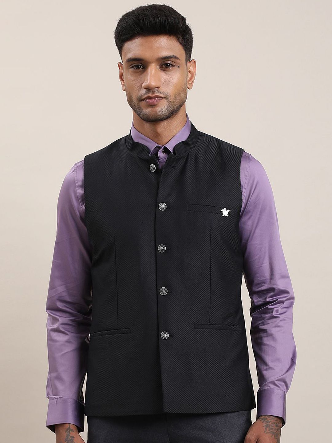 Turtle Woven Design Mandarin Collar Nehru Jacket