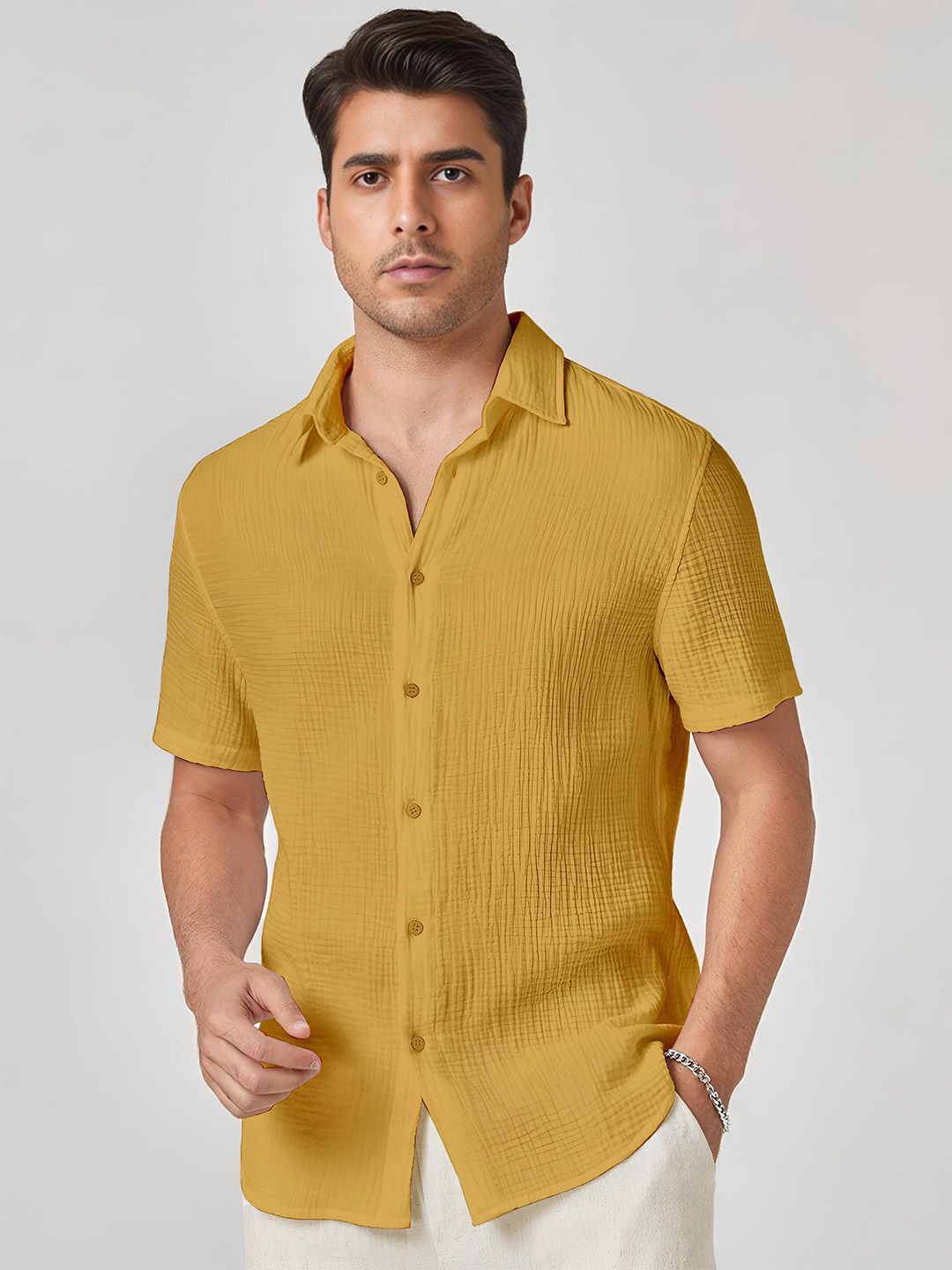 WEBRIC Standard Spread Collar Textured Cotton Opaque Shirt