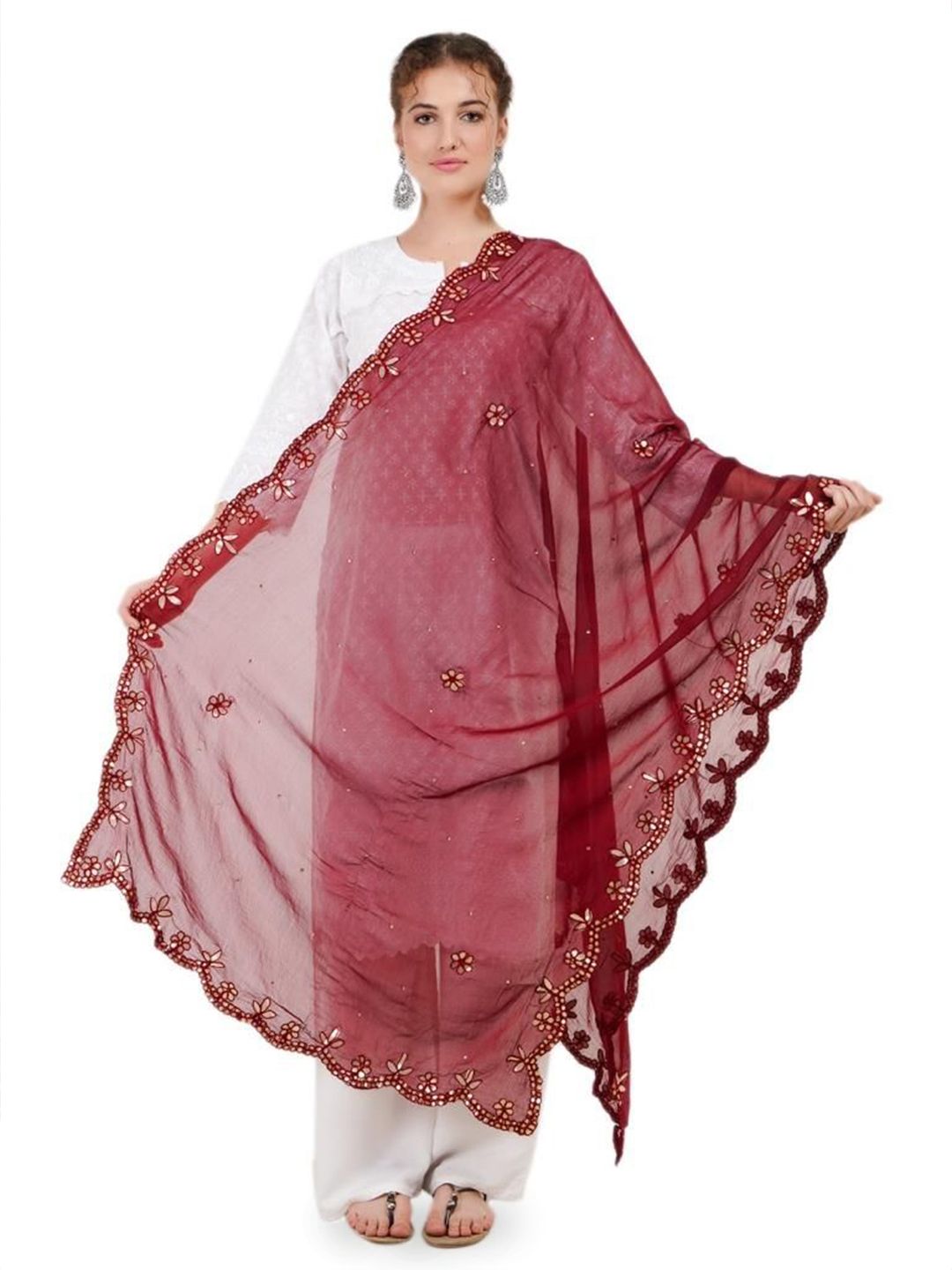 Way2Like Floral Embroidered Gotta Patti Chiffon Dupatta