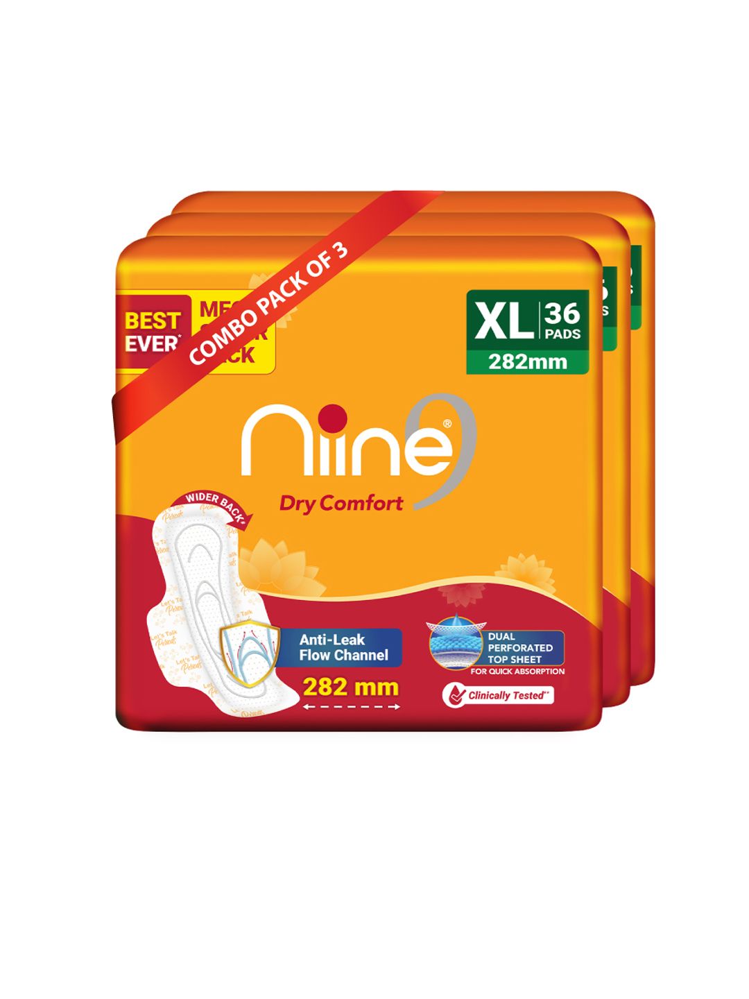 Niine Niine Dry Comfort Set of 3 XL Anti-Leak Flow Wider Back Sanitary Pads 282mm - 108 Pads