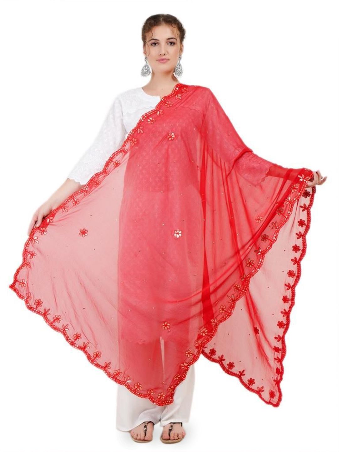 Way2Like Floral Embroidered Gotta Patti Chiffon Dupatta