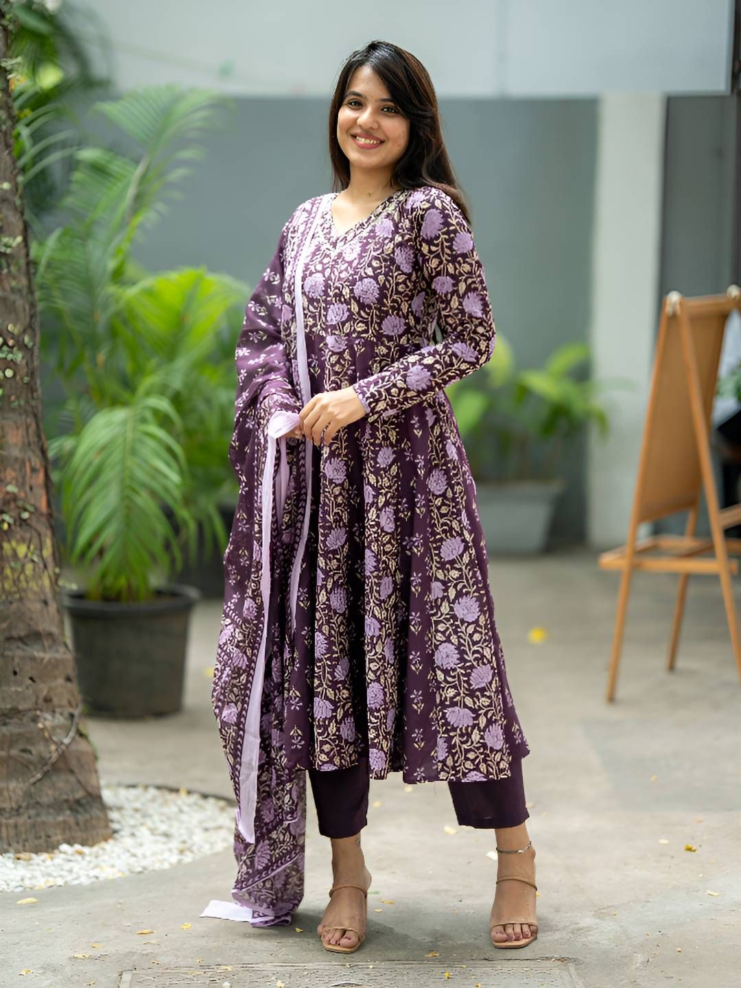Dholkee Floral Printed V-Neck Pure Cotton Thread Work Anarkali Kurta & Trousers & Dupatta