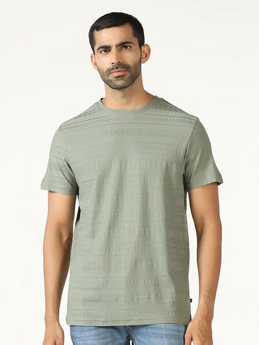 Blackberrys Geometric Self Design Short Sleeves Pure Cotton Slim Fit T-shirt