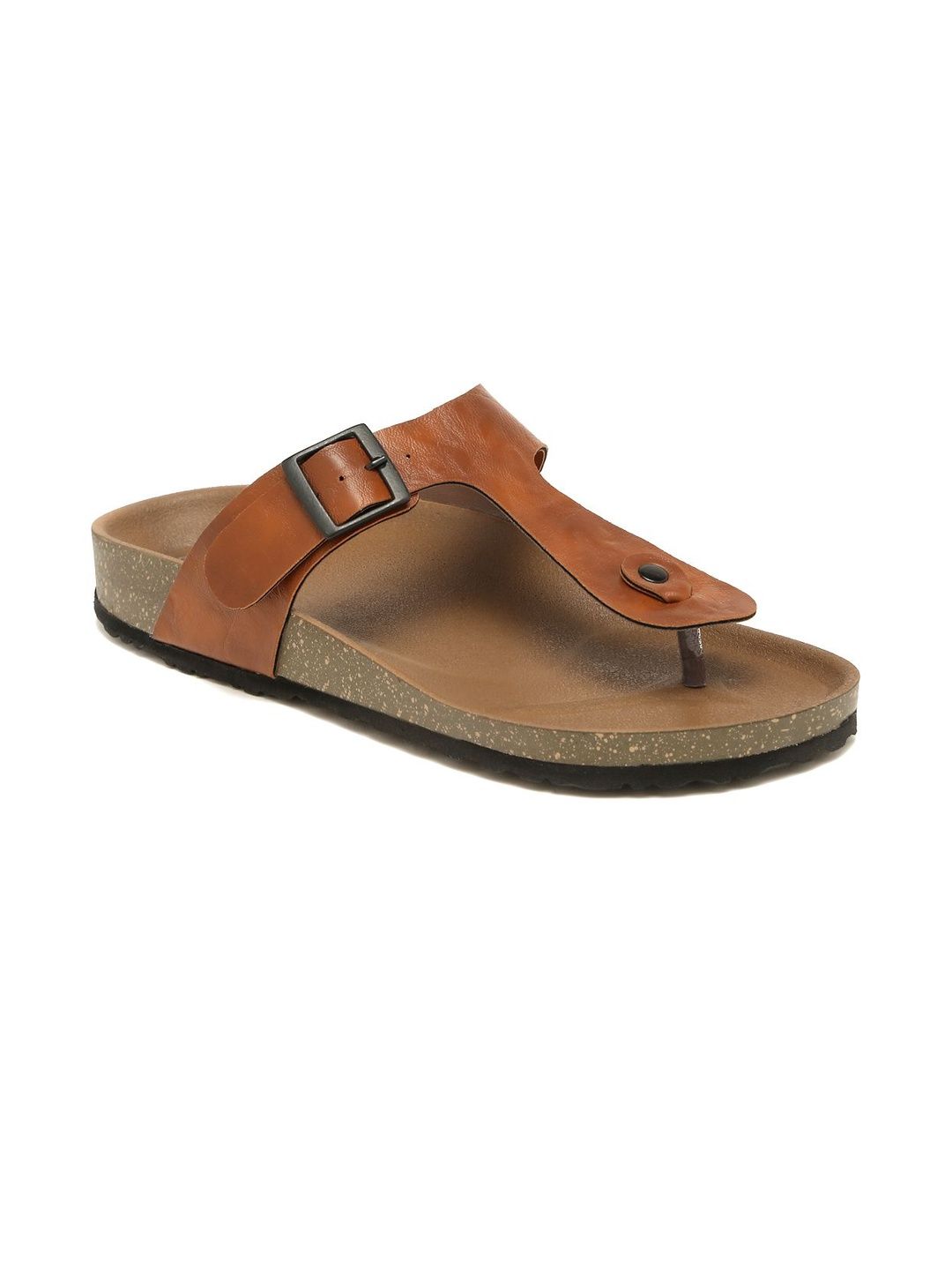 Kosher Men Tan Buckle Thong Flip-Flops