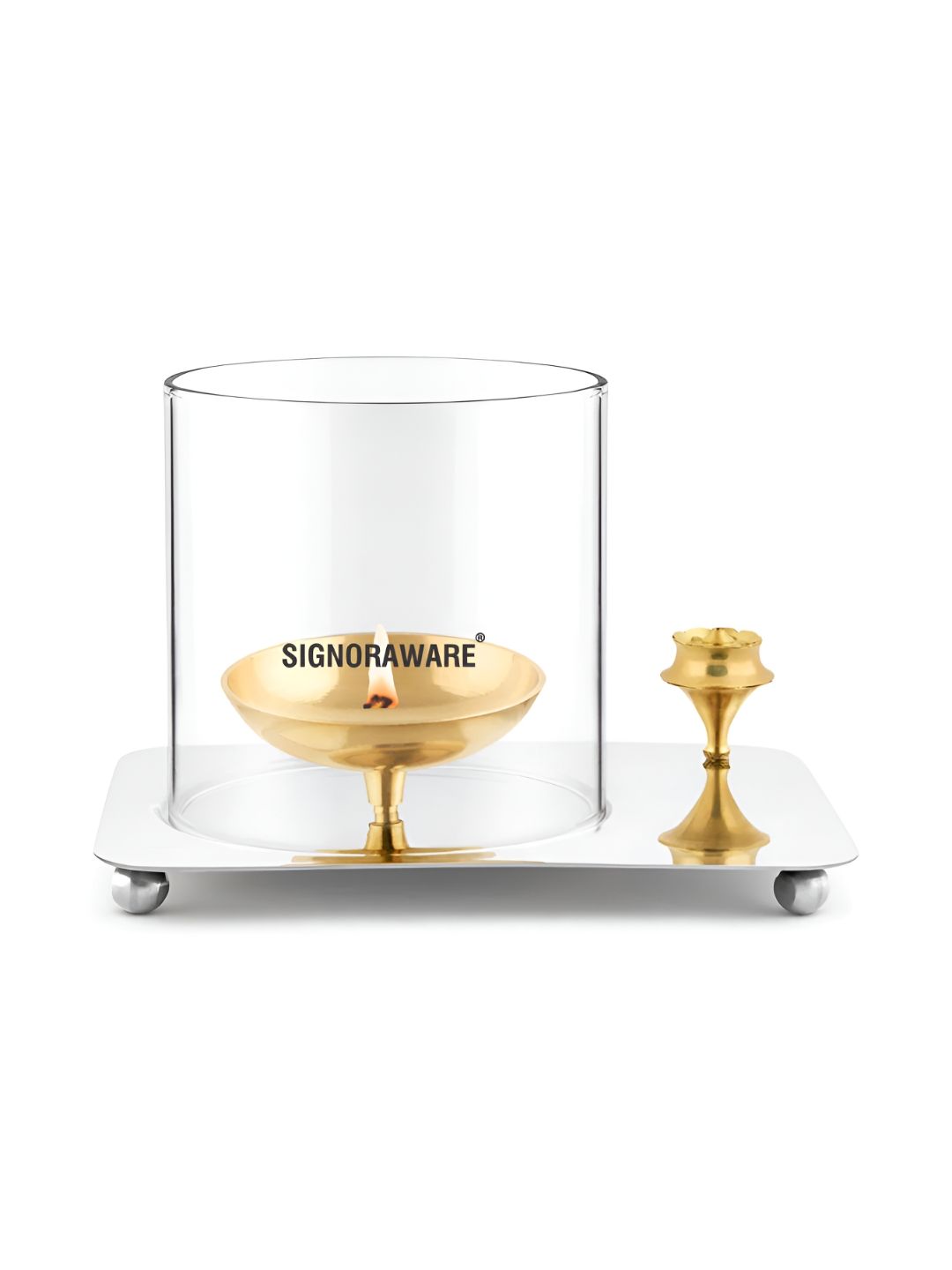 SignoraWare Gold Toned & Transparent Aarti Diya Medium With Glass Cover