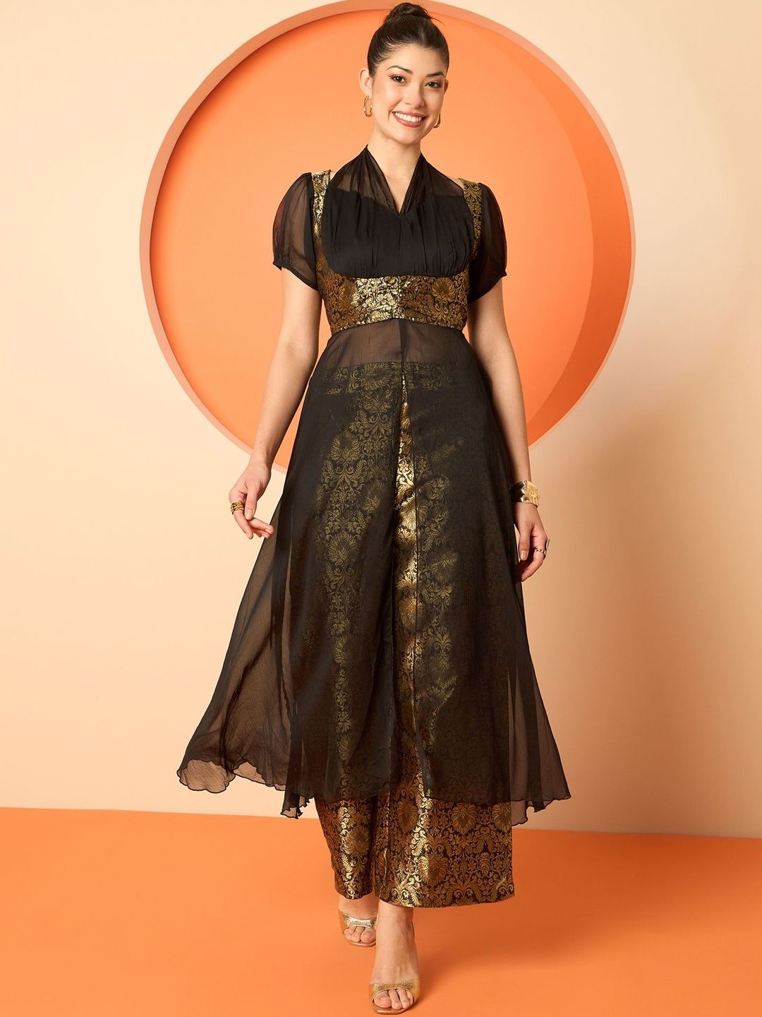 V-Neck Tunic With Palazzos Antheaa Brocade V-Neck Tunic With Palazzos