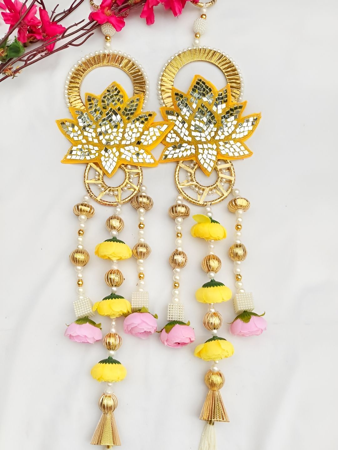 Sellplus White & Yellow 2 Pieces Embellished Lotus Torans