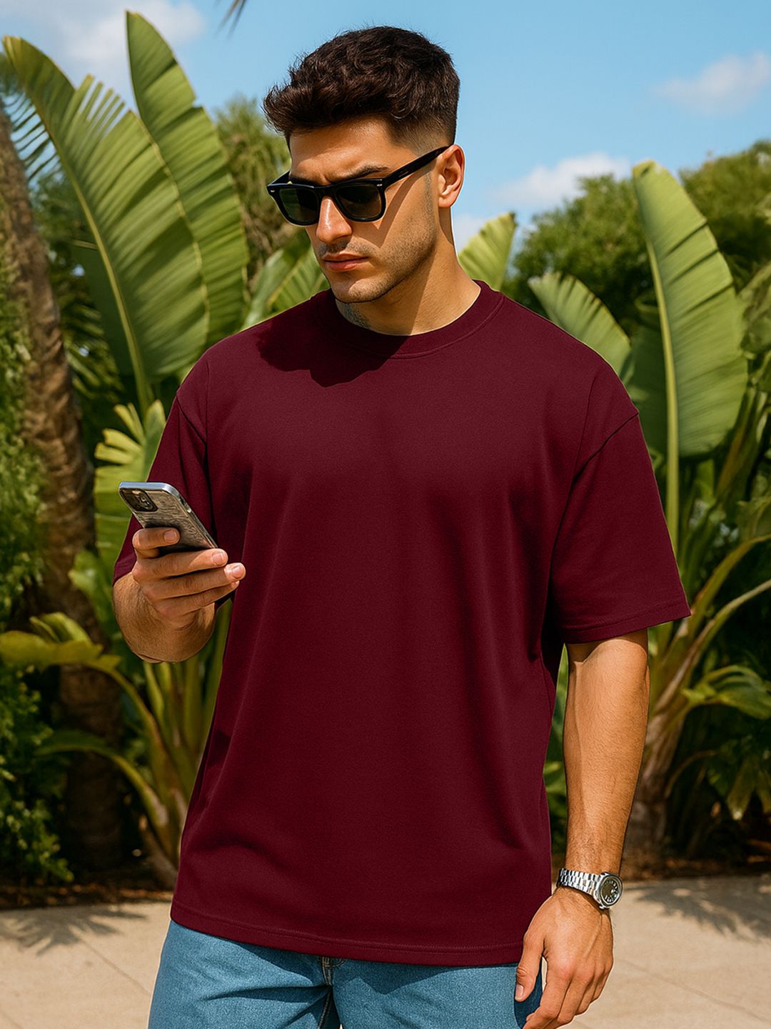VEIRDO Maroon Drop-Shoulder Sleeves Pure Cotton Oversized T-shirt