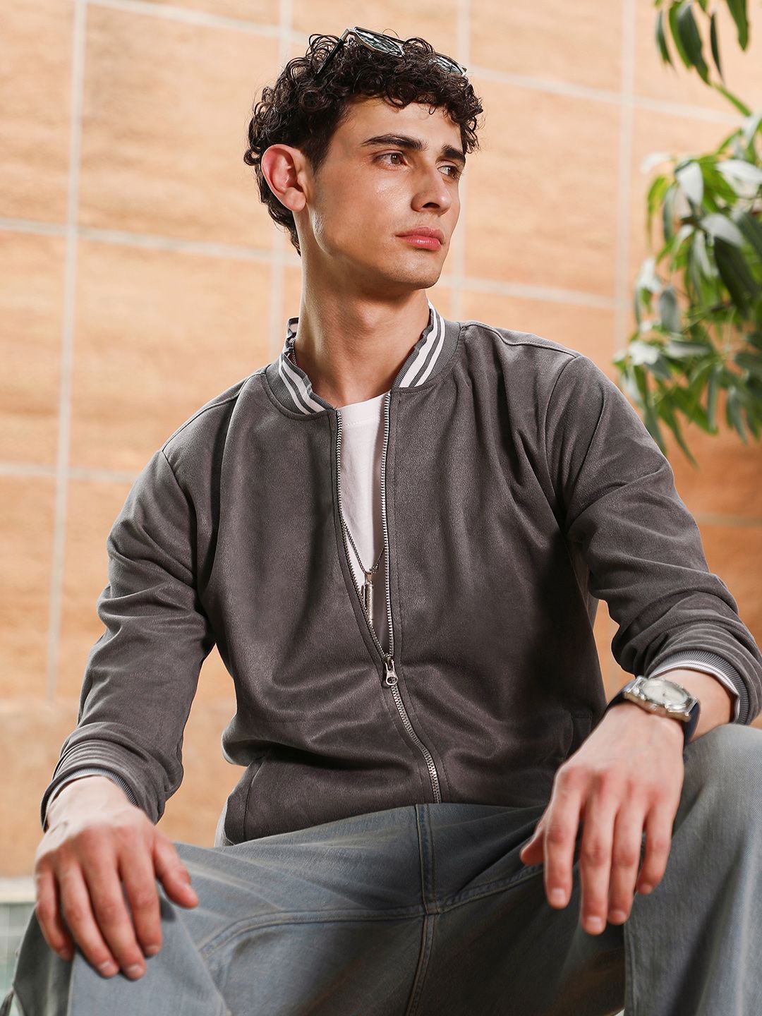 CAHOOT Men Stand Collar Solid Lightweight Bomber Jacket