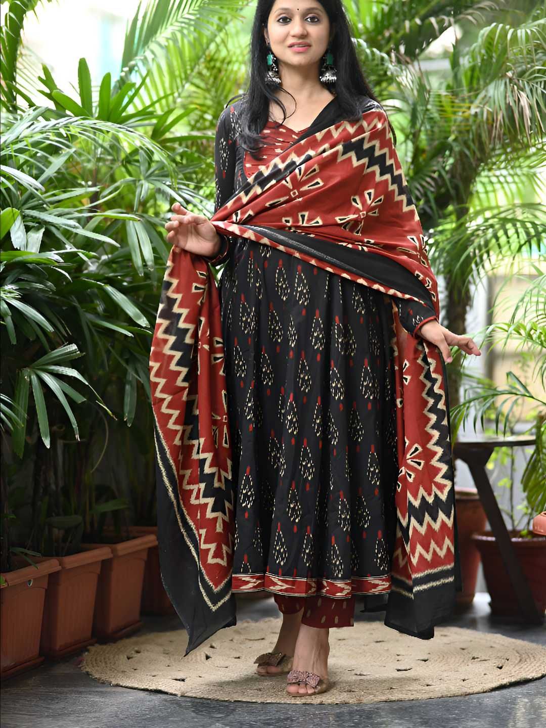Dholkee Ethnic Motifs Printed Pure Cotton Anarkali Kurta With Trousers & Dupatta