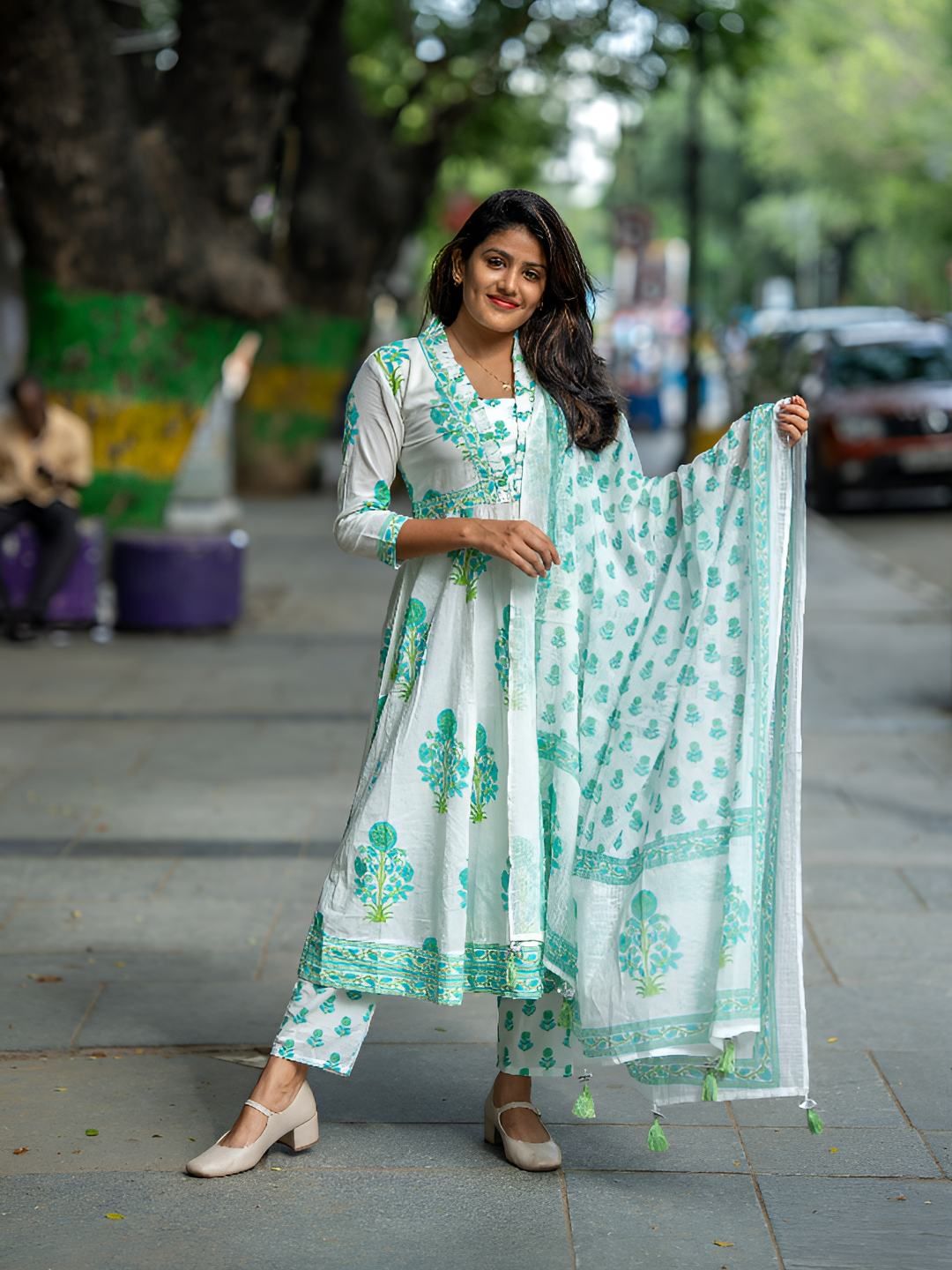 Dholkee Floral Printed Square Neck Pure Cotton Anarkali Kurta With Trousers & Dupatta