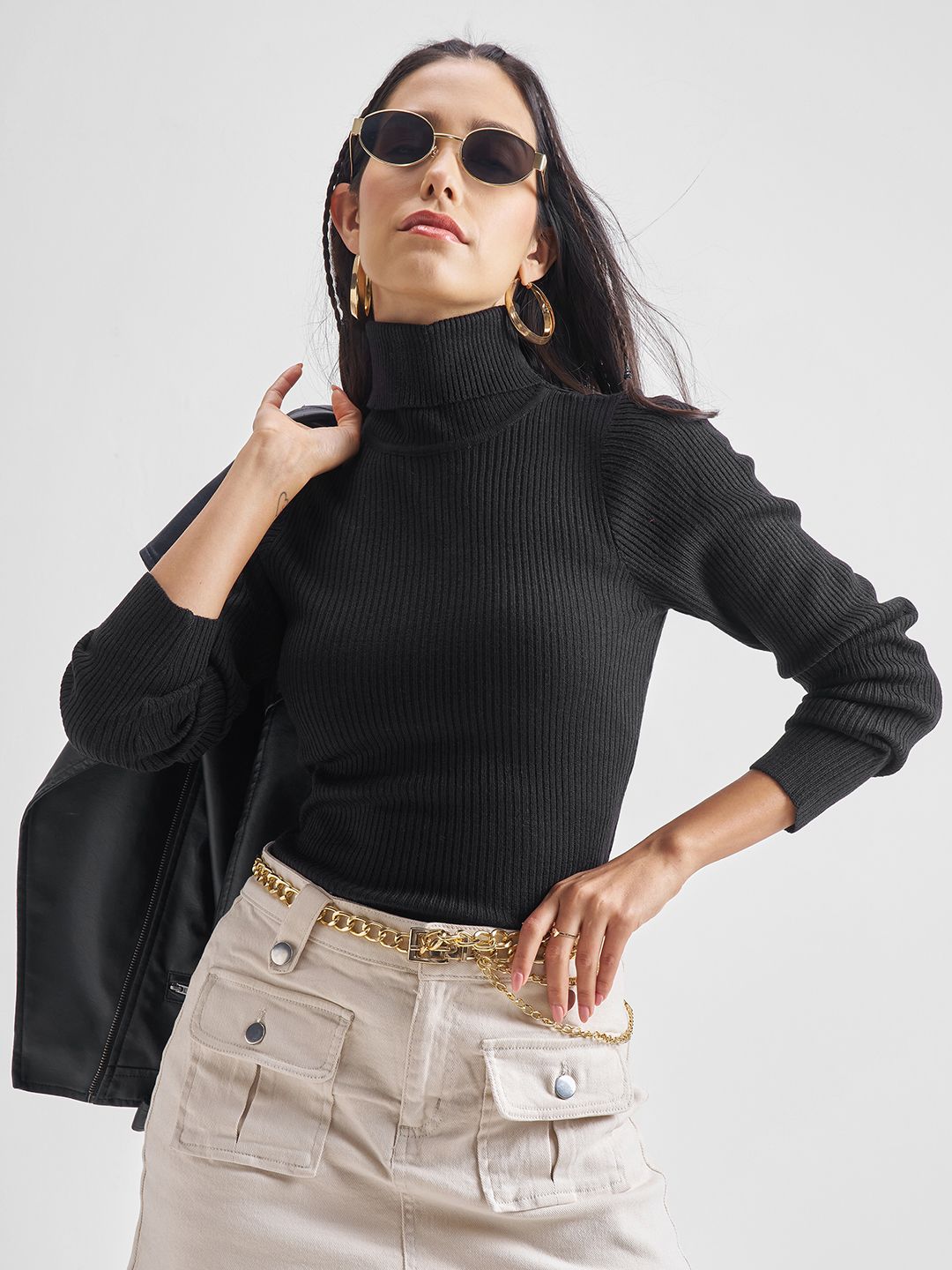 Tokyo Talkies Turtle Neck Ribbed Acrylic Pullover