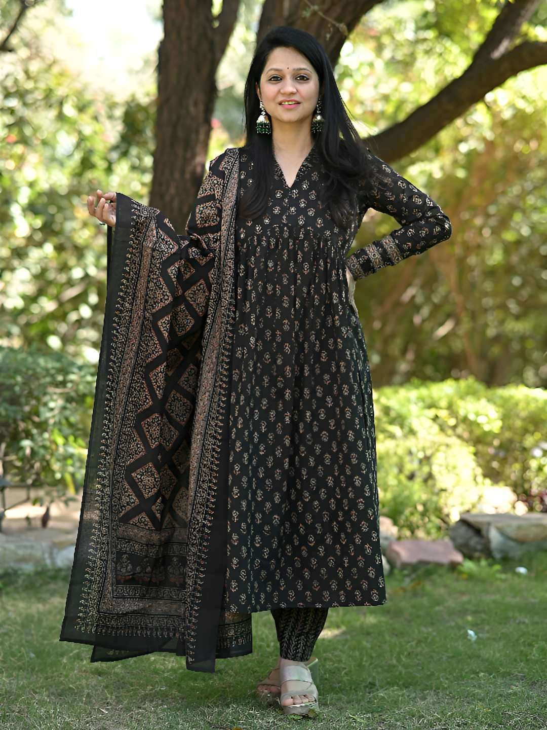 Dholkee Women Ajrakh Printed Sequinned Pure Cotton Anarkali Kurta with Trousers & Dupatta