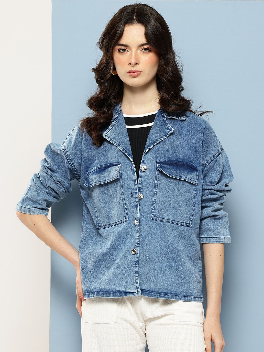 Buy Aarika Washed Effect Lapel Collar Drop-Shoulder Sleeves Denim