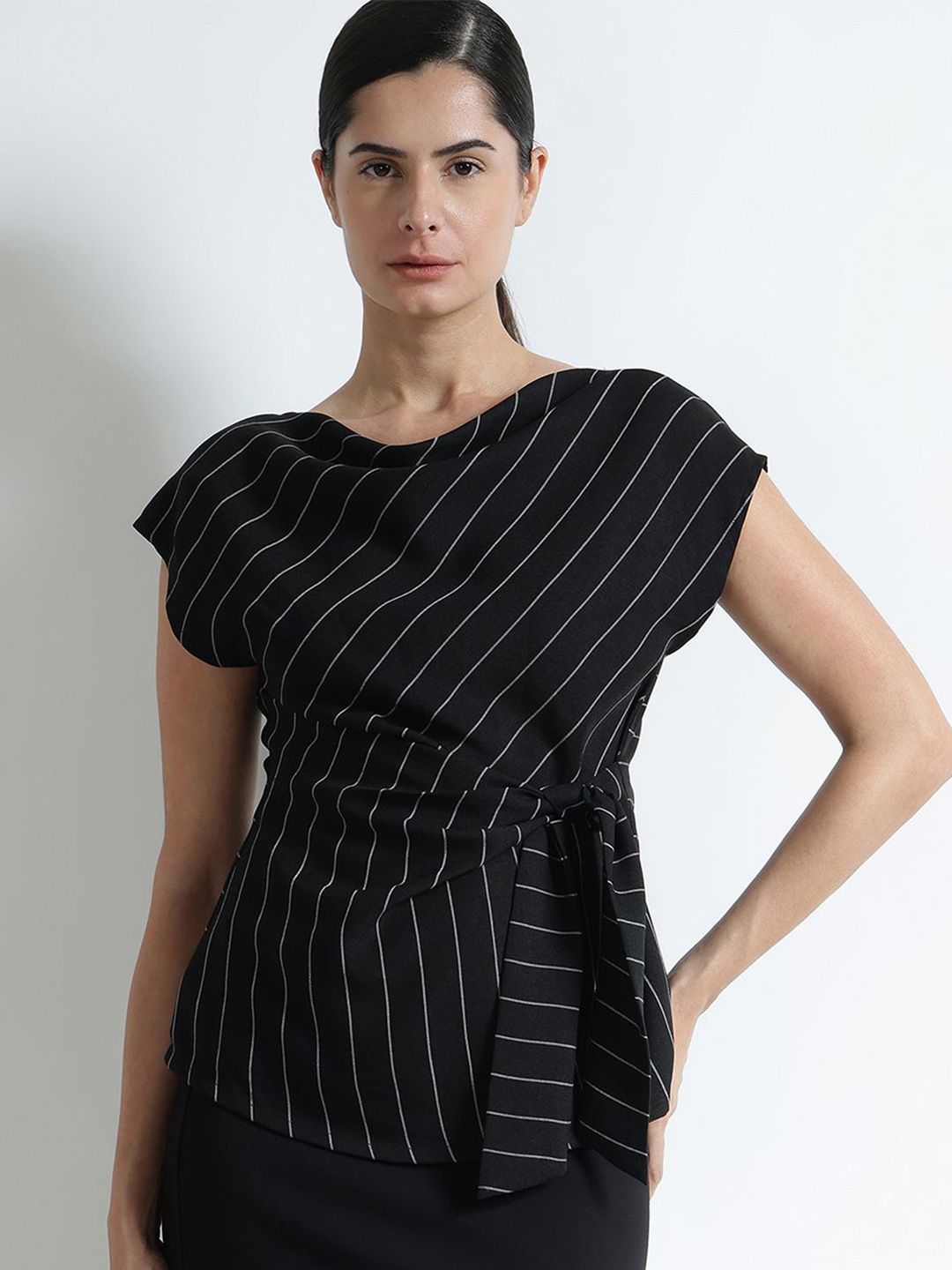 Vertical Striped Regular Top FABLE STREET Women Vertical Striped Waist Tie-Up Regular Top