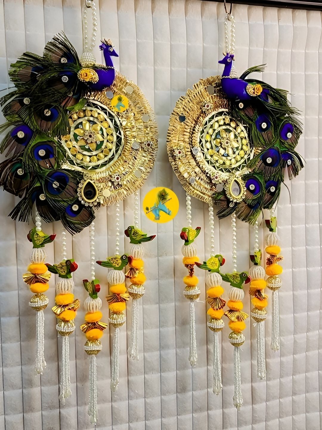 Sellplus Blue & Yellow 2 Pieces Embellished Peacock & Parrot Torans