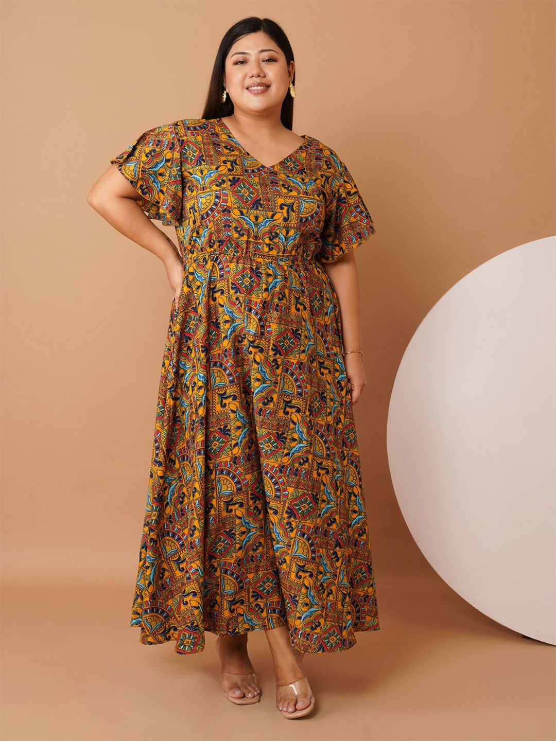 U&F Beyond Women Ethnic Motifs Printed V-Neck Fit & Flare Midi Dress