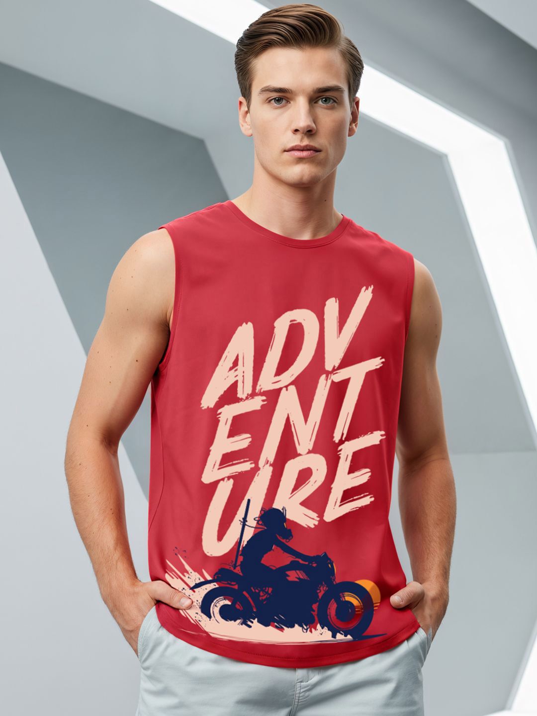 Bewakoof Men's Bold Red Moon Rider Graphic Printed Boxy Fit Vest