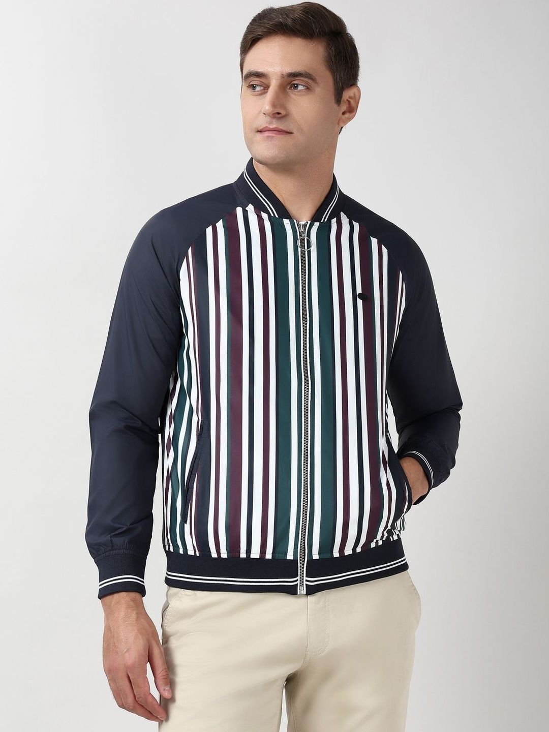 Peter England Casuals Men Stand Collar Striped Bomber Jacket