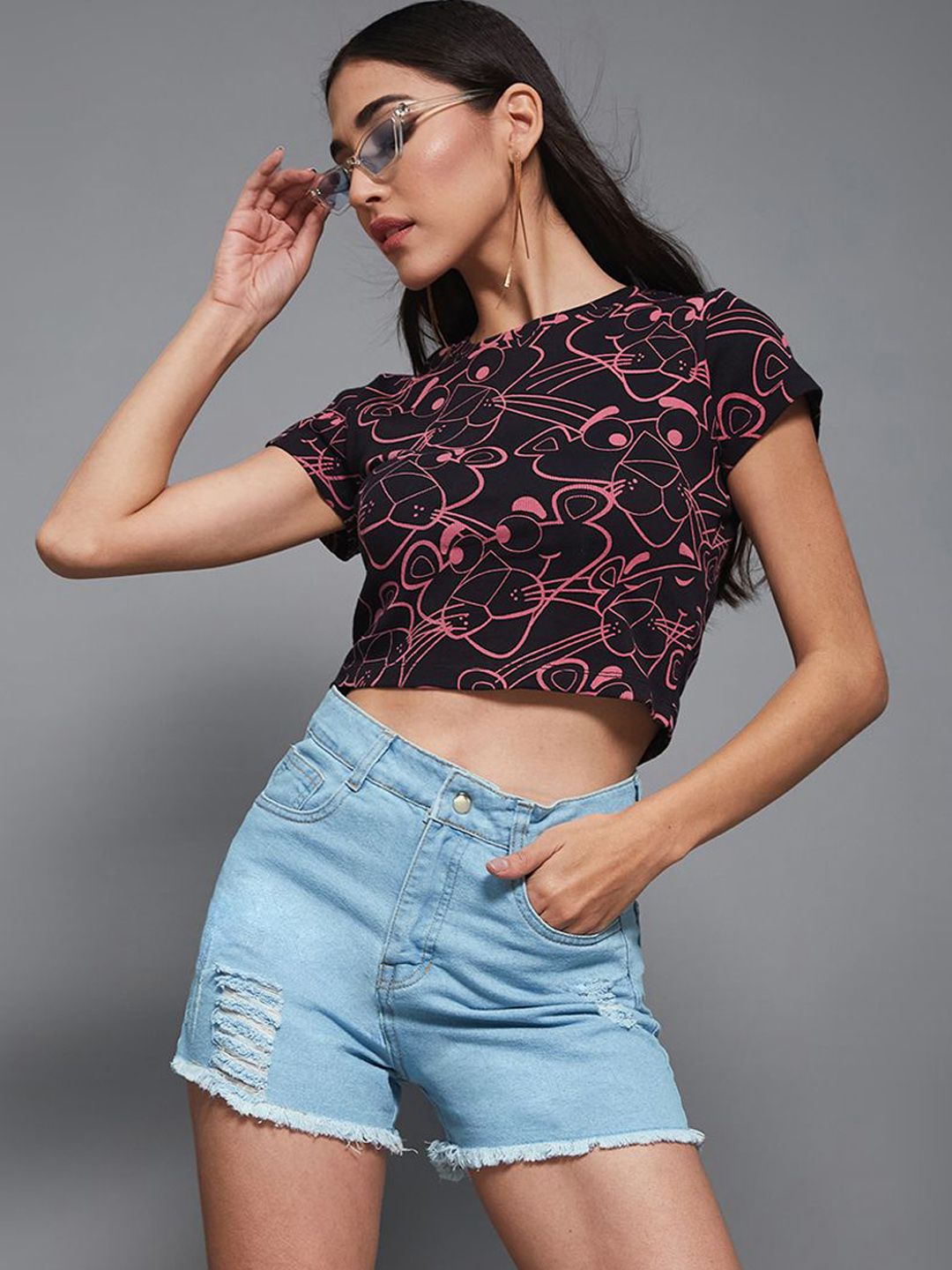 Miss Chase Women Mid-Rise Ripped Relaxed Fit Denim Shorts