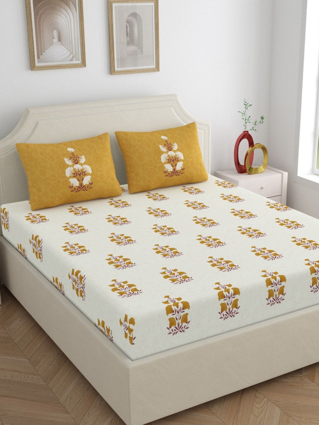 Home Ecstasy Mustard Floral Printed Cotton 140 TC King Bedsheet 2.20 m X 2.74 m