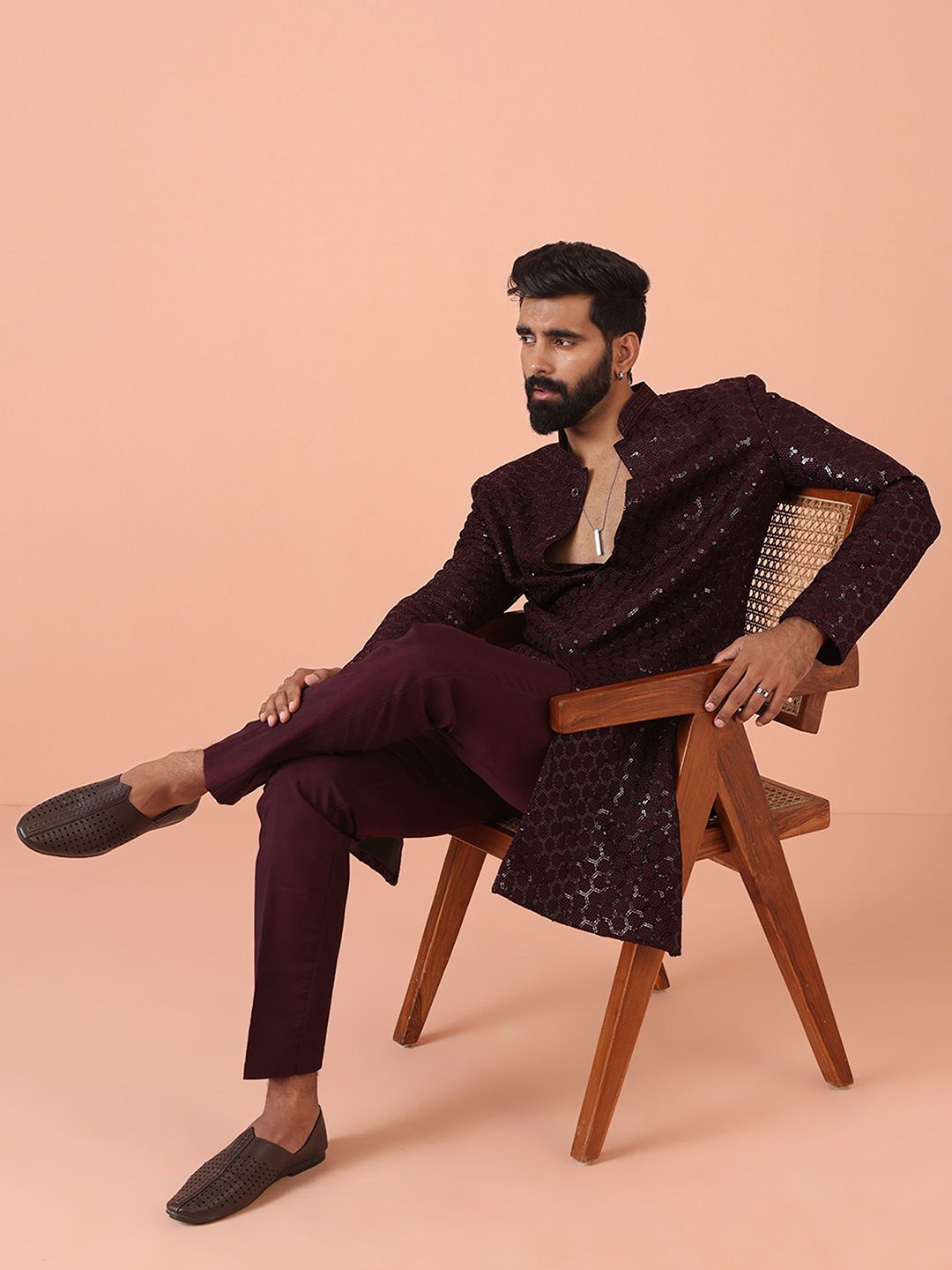 KISAH Men Embellished Regular Fit Sequinned Indowestern Sherwani Trouser Set