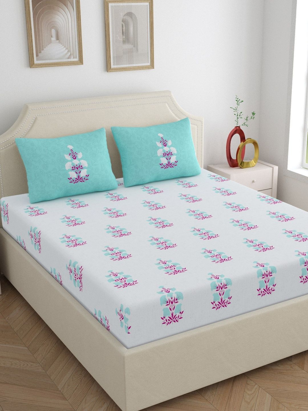 Home Ecstasy Teal & White Floral Printed Cotton 140 TC King Bedsheet 2.20 m X 2.74 m