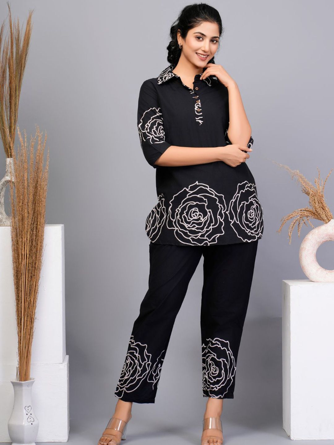 ETC X fwd Printed Shirt Collar Pure Cotton Top With Trousers Co-Ords