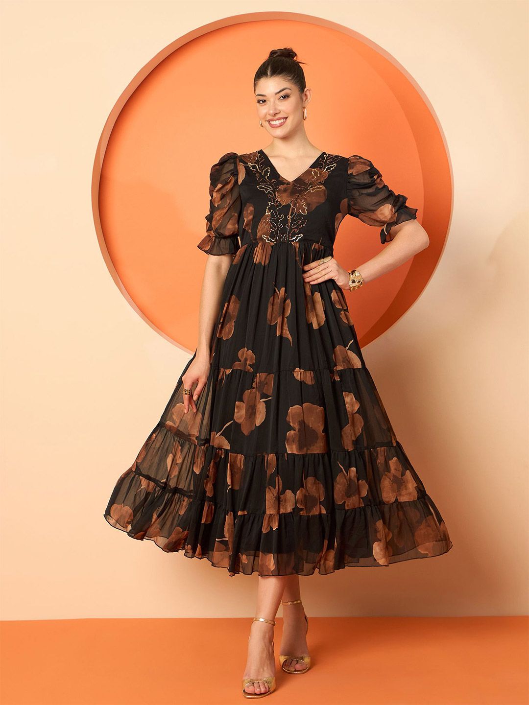 Fit & Flare Maxi Dress Antheaa Embellished Floral Printed Puff Sleeves Chiffon Fit & Flare Midi Dress