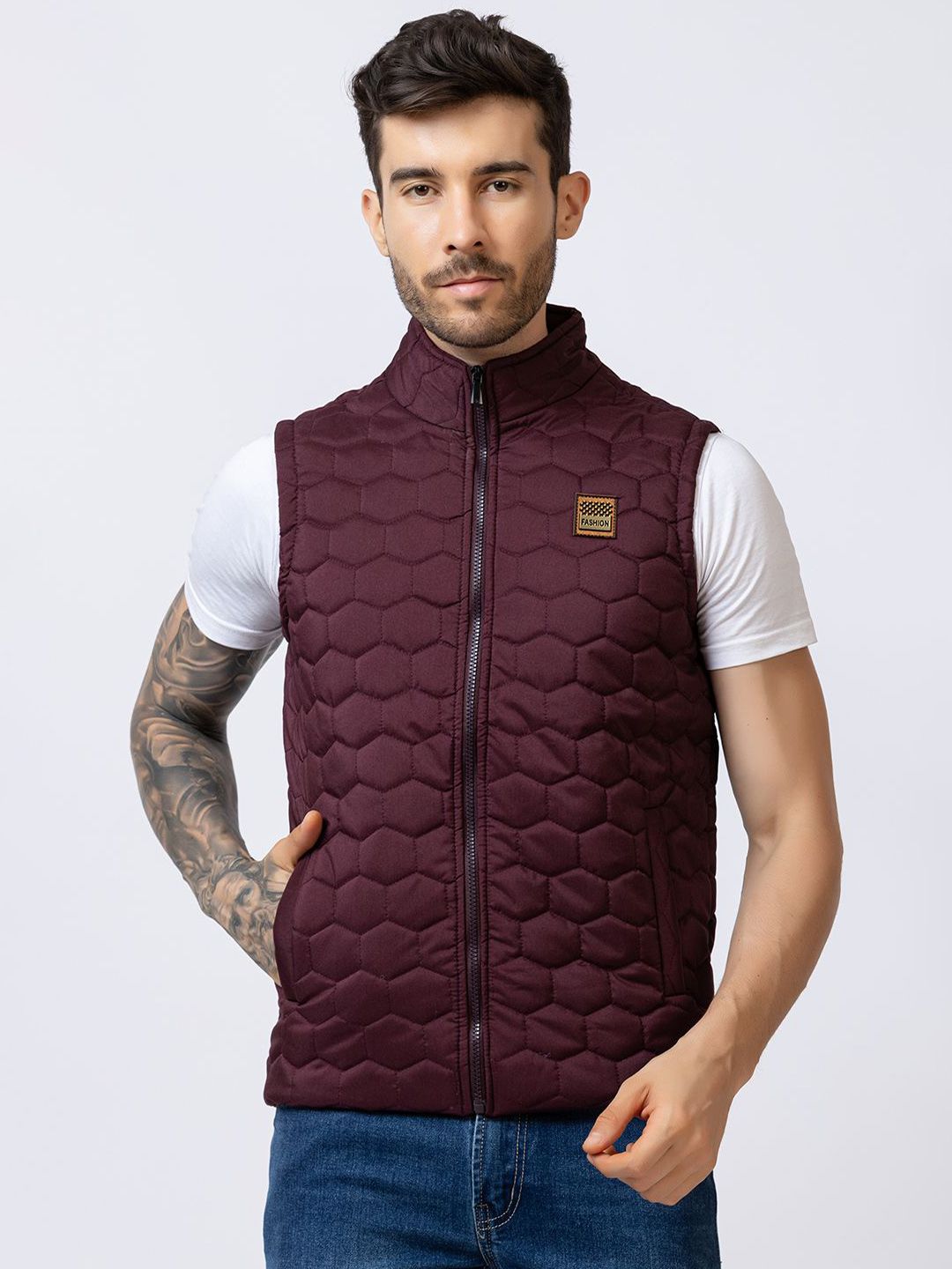 STYLOPLEX Men Stand Collar Solid Lightweight Gilet Jacket