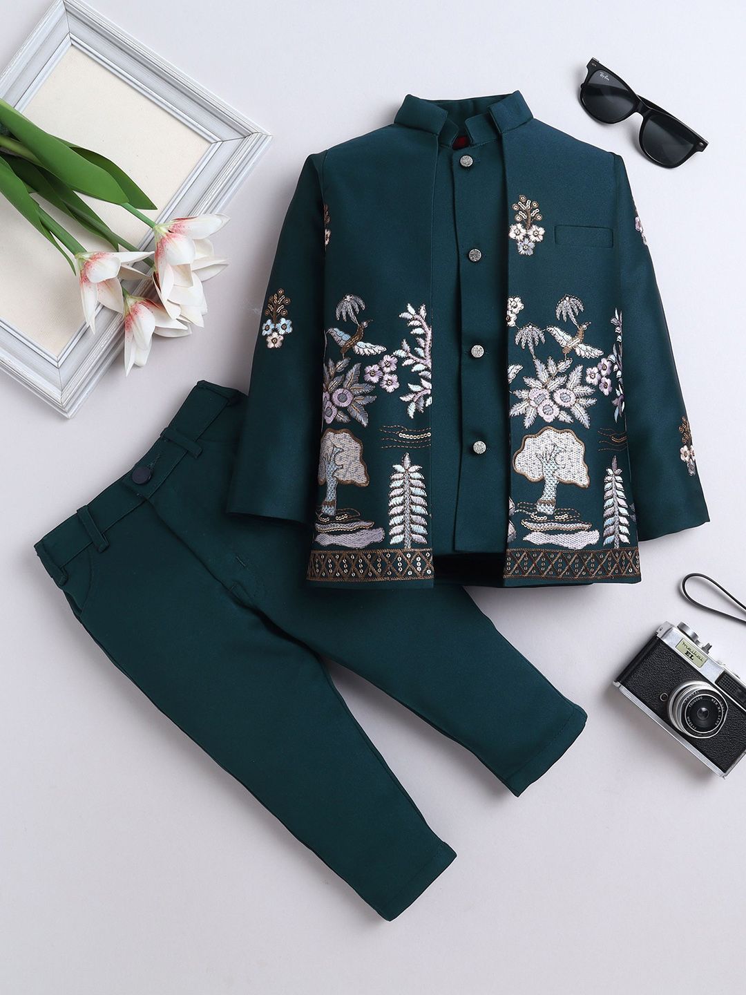 FOURFOLDS Boys Floral Embroidered Mandarin Collar Sherwani Set
