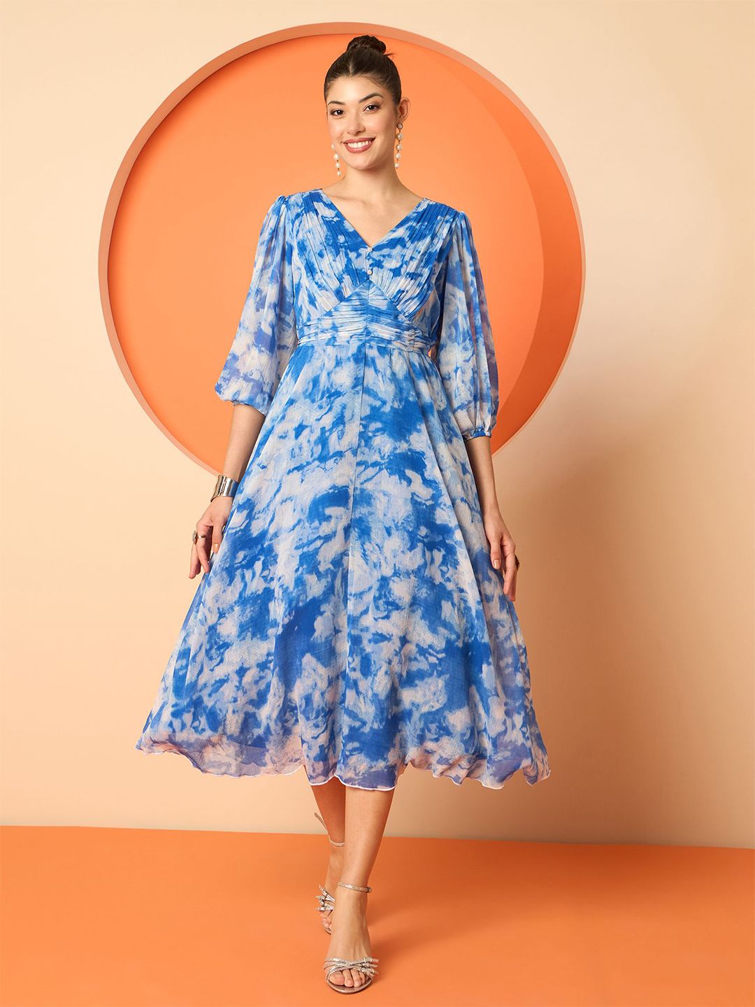 V-Neck Fit and Flare Dress Antheaa Women V-Neck Puff Sleeves Fit and Flare Dress