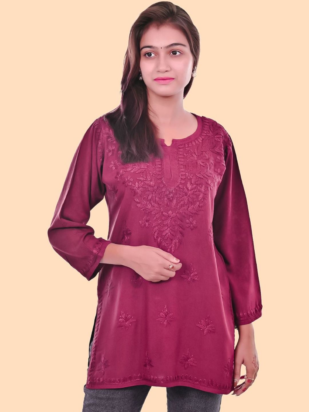 MALABIS  Women Dyed Rayon Chikankari Kurti