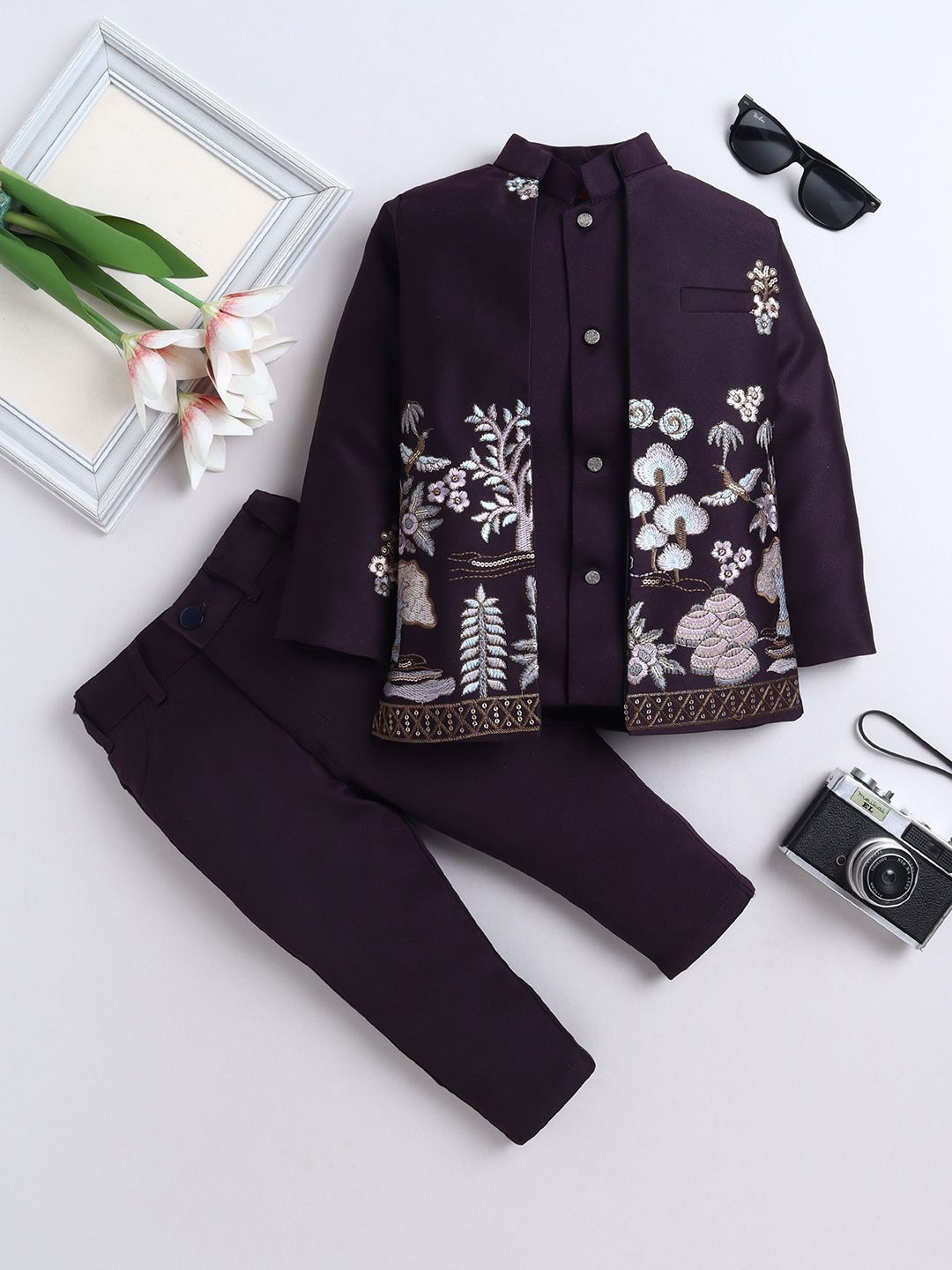 FOURFOLDS Boys Floral Embroidered Mandarin Collar Sherwani Set