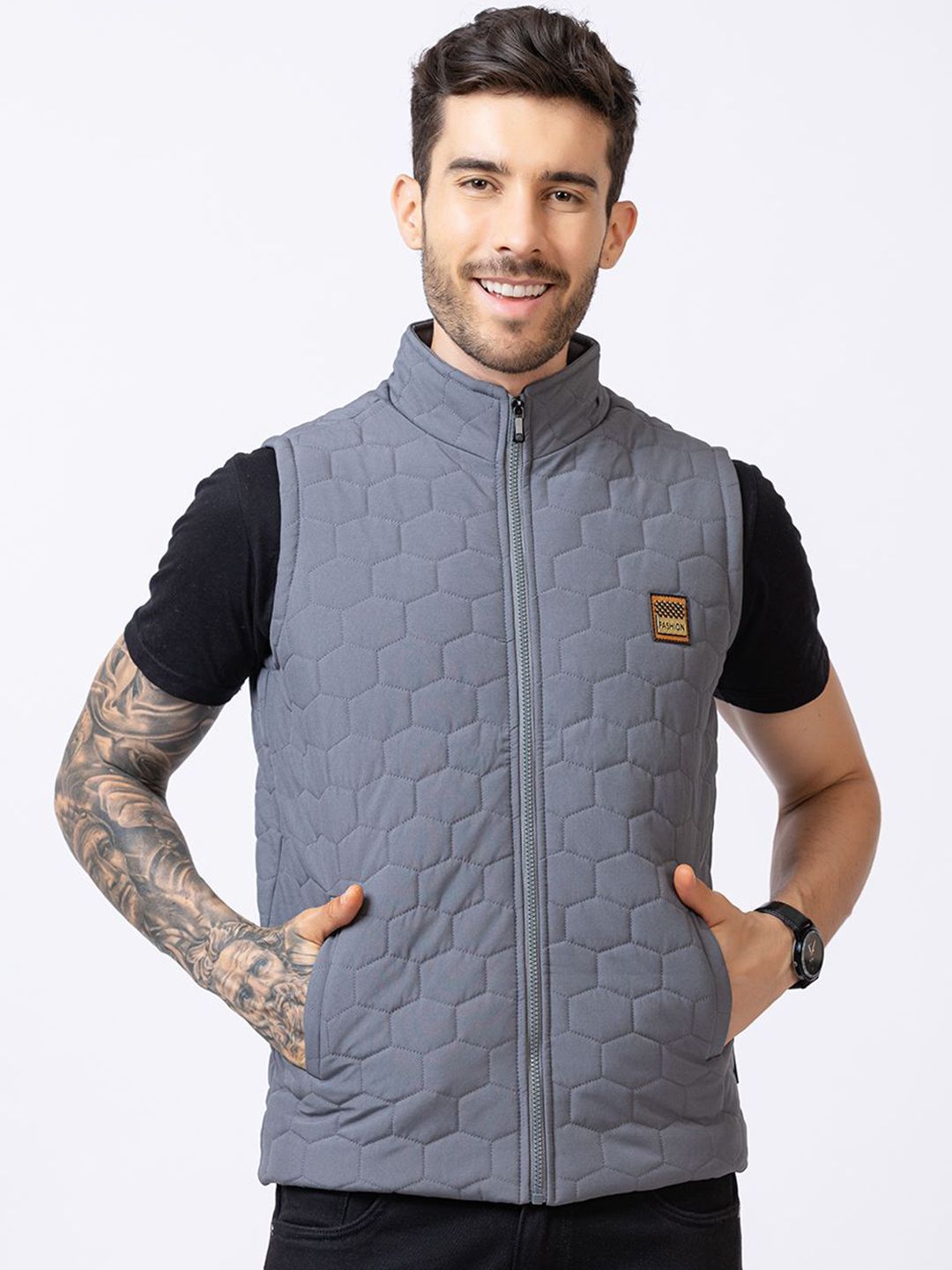 STYLOPLEX Men Stand Collar Geometric Lightweight Gilet Jacket
