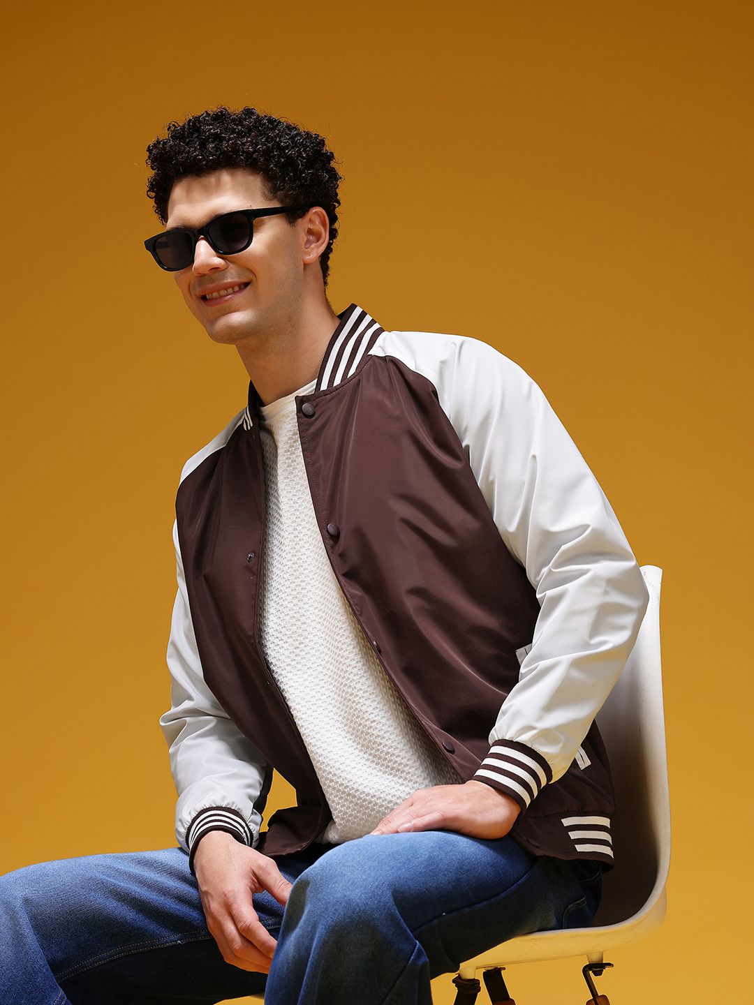 HERE&NOW Stand Collar Colourblocked Varsity Jacket