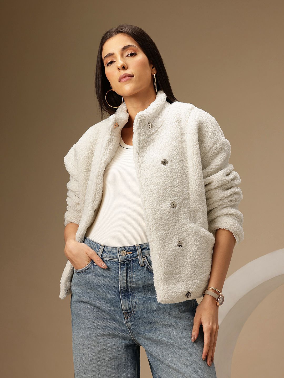 Chemistry Mock Collar Sheen Effect Sherpa Jacket