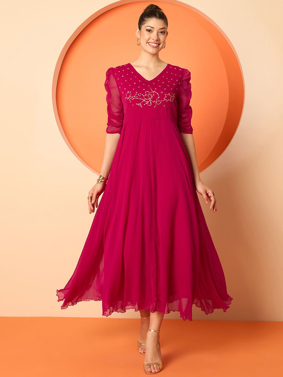 Chiffon Fit & Flare Maxi Dress Antheaa Women Solid Embellished Fit & Flare Maxi Dress