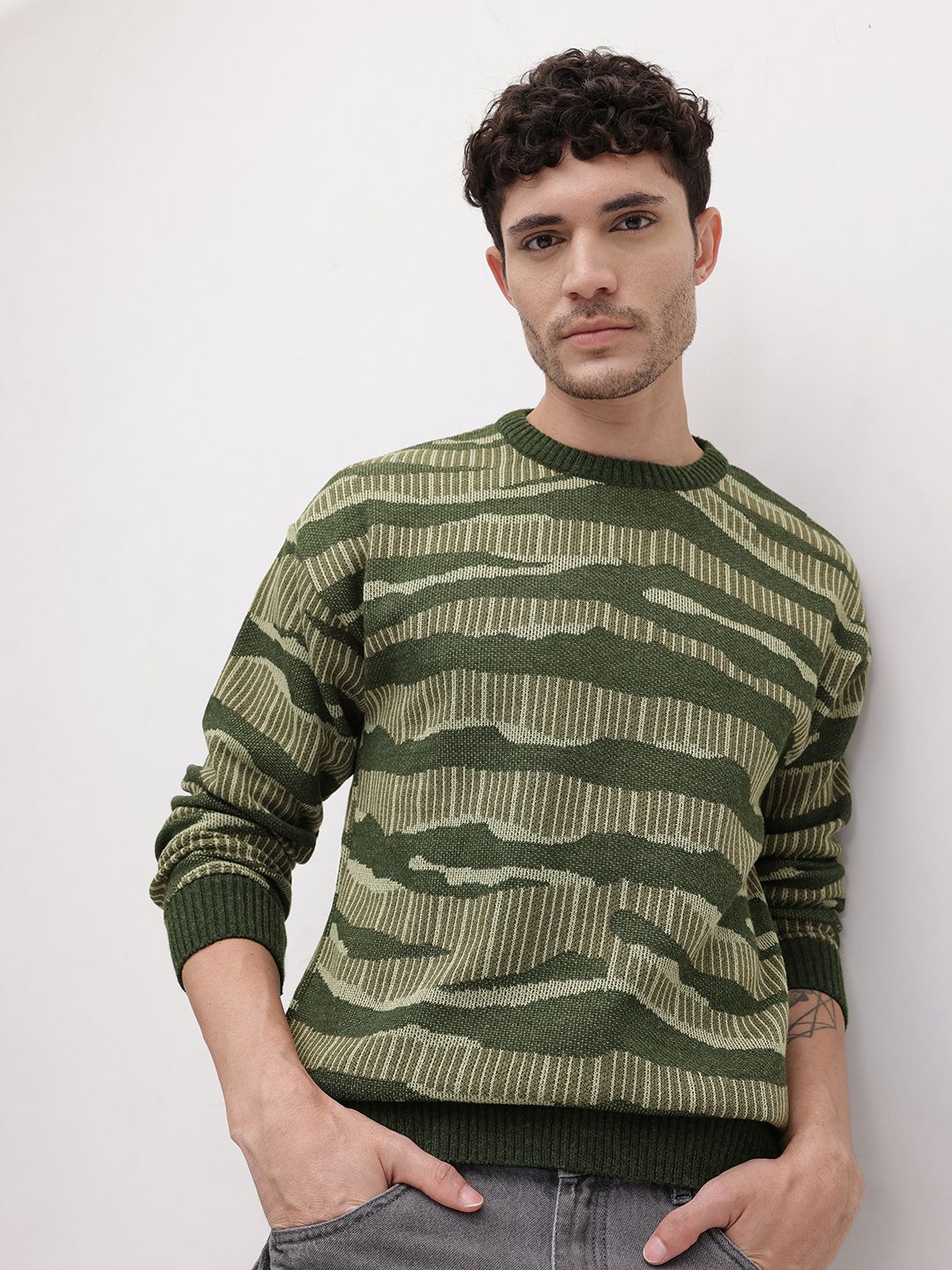 The Roadster Life Co. Camouflage Self Design Round Neck Pullover