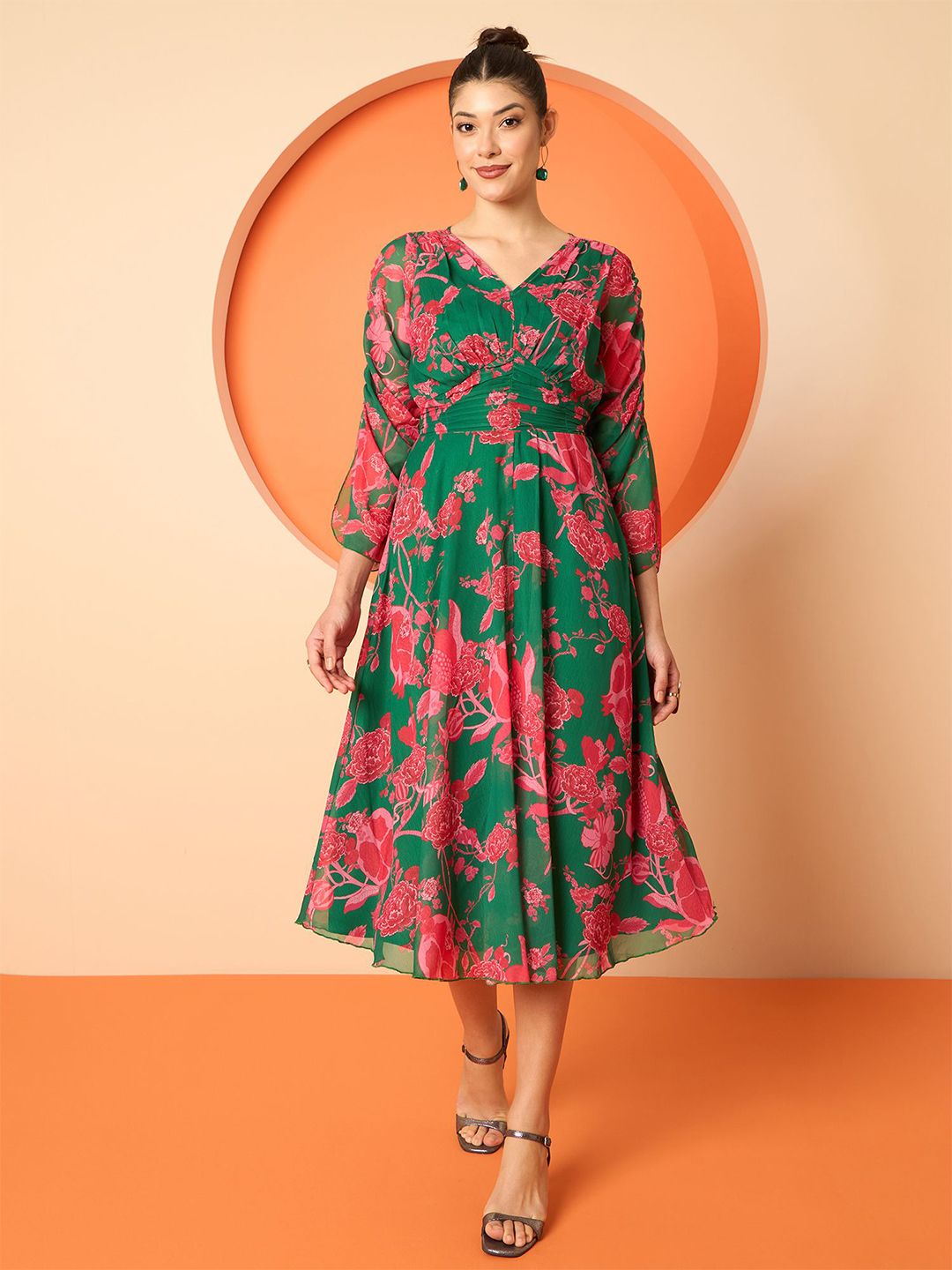 Floral Print Midi Dress Antheaa Women Floral Print Chiffon Fit & Flare Midi Dress