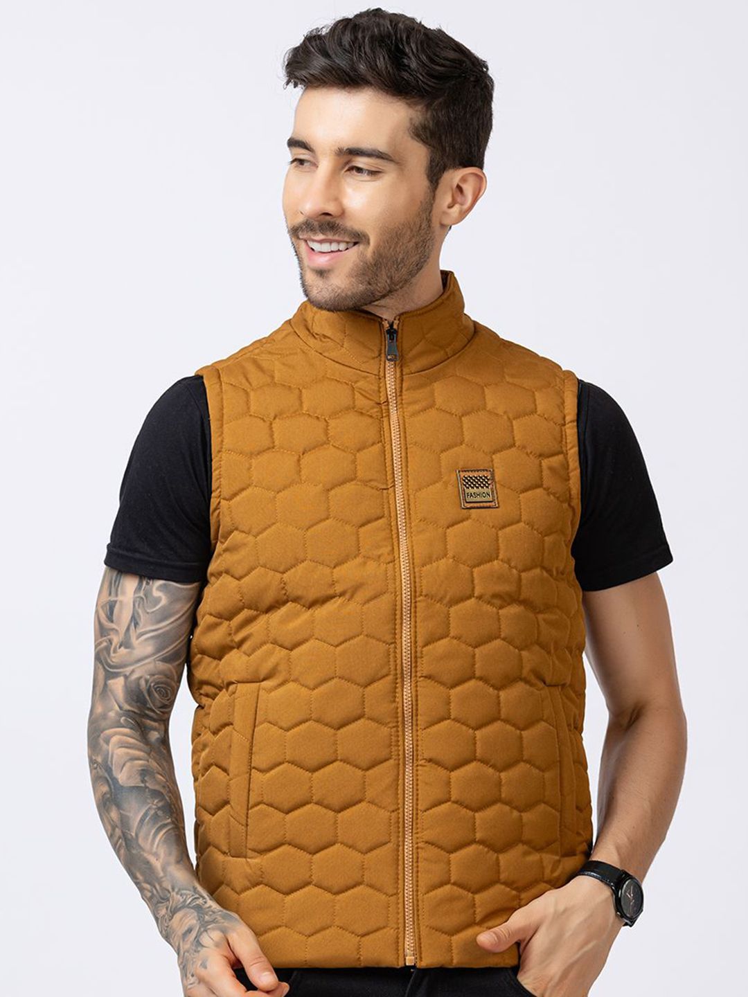 STYLOPLEX Men Mustard Geometric Casual Gilet Jacket